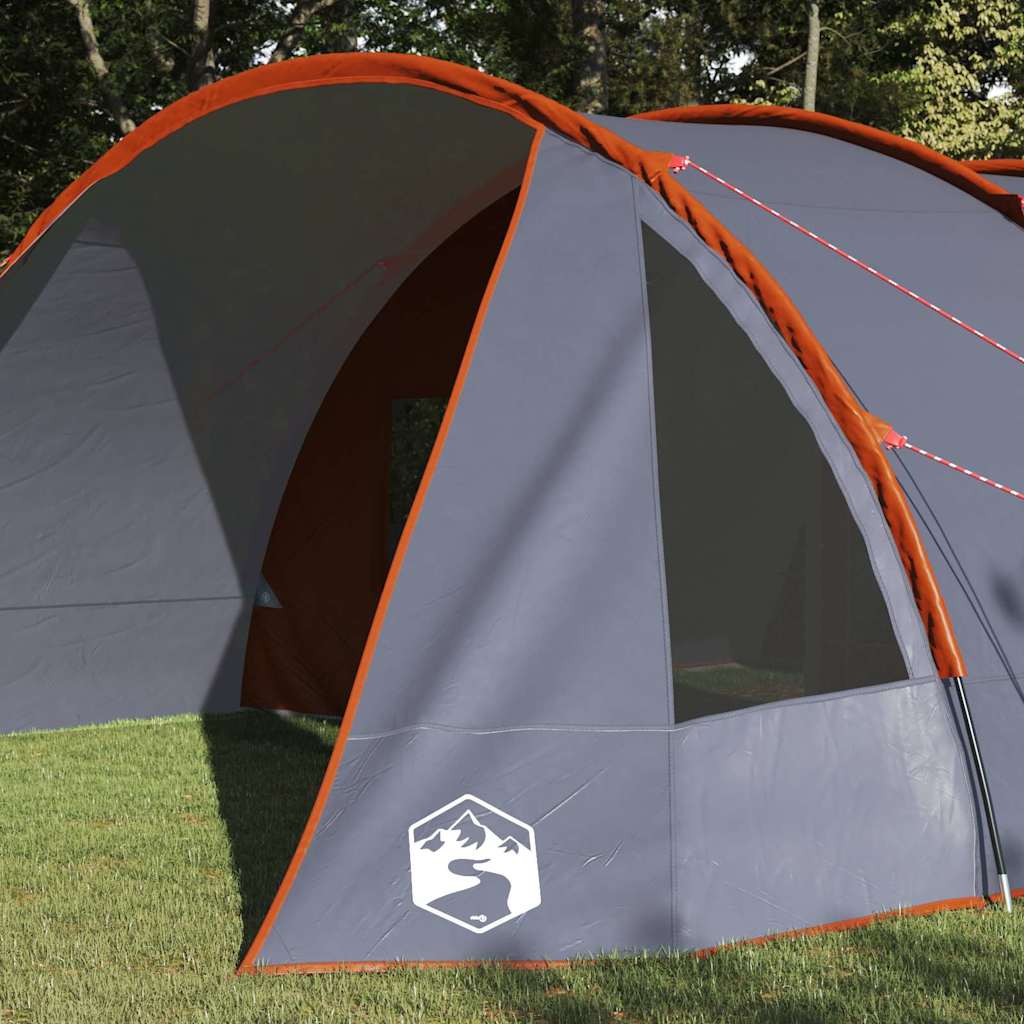 Detail van de vidaXL Tunnel Tent met grijs en oranje kleur, zijaanzicht van het ventilatierooster.
