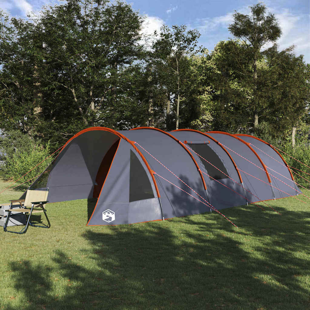 vidaXL Tunnel Tent voor 6 personen in grijs en oranje, zijaanzicht in groene omgeving.