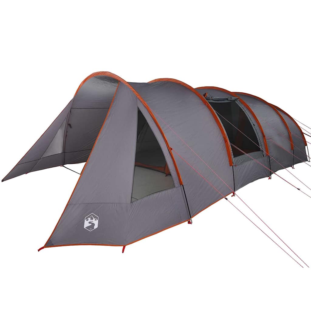 Zijaanzicht van de vidaXL Tunnel Tent in grijs met oranje details en ventilatieopeningen.