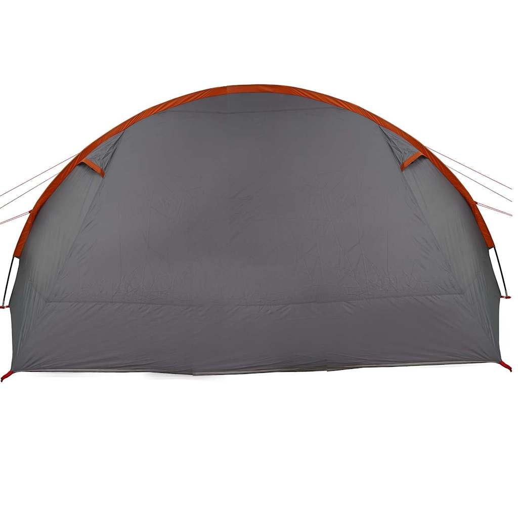 Detail van de grijze voorkant van de vidaXL Tunnel Tent met oranje accenten.