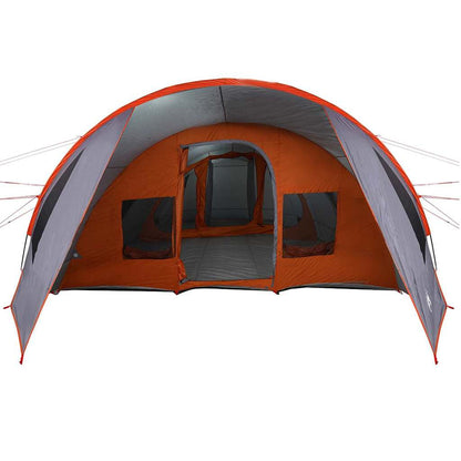 Zijaanzicht van de vidaXL Tunnel Tent in grijs en oranje met ruime ingangen.