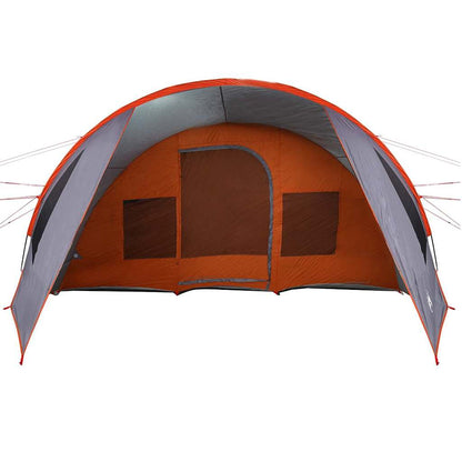 Detail van de vidaXL Tunnel Tent in grijs en oranje, met ingang en ventilatieopeningen.