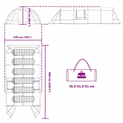 Detailtekening van de vidaXL Tunnel Tent met afmetingen en opbergformaat.