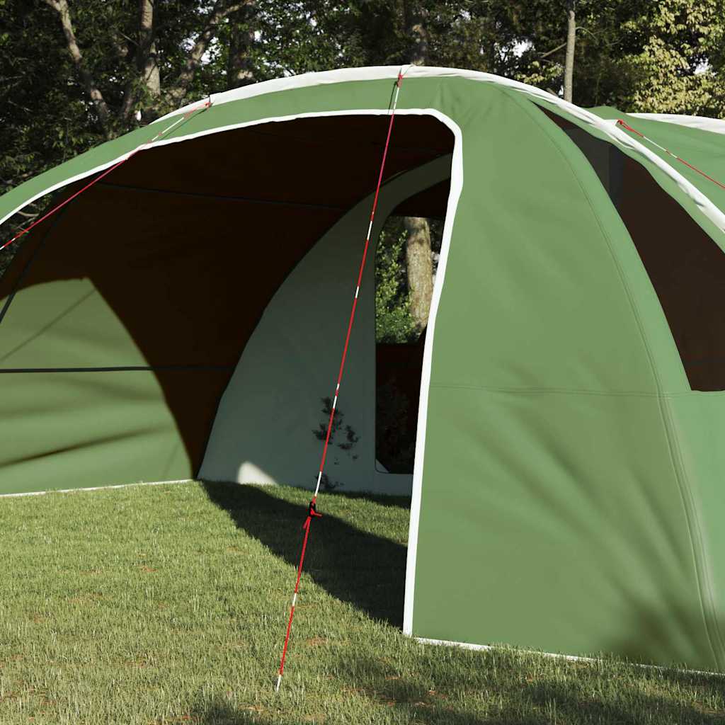 Detail van de groene vidaXL Tunnel Tent met een open ingang en stevige bevestigingslijnen.