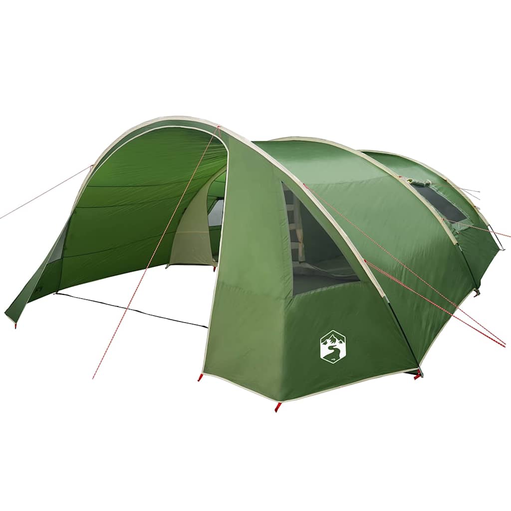 Zijaanzicht van de vidaXL Tunnel Tent in groen met ventilatieroosters en stevige constructie.