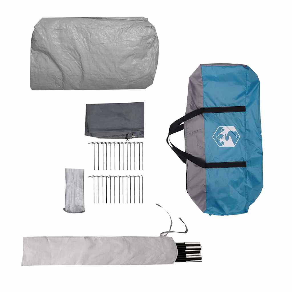 Detail van de vidaXL Tunnel Tent met accessoires, zoals stokken en haringen, in grijs en blauw.