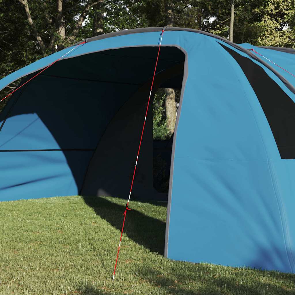 Detail van de ingang van de vidaXL Tunnel Tent in blauw met grijze accenten.