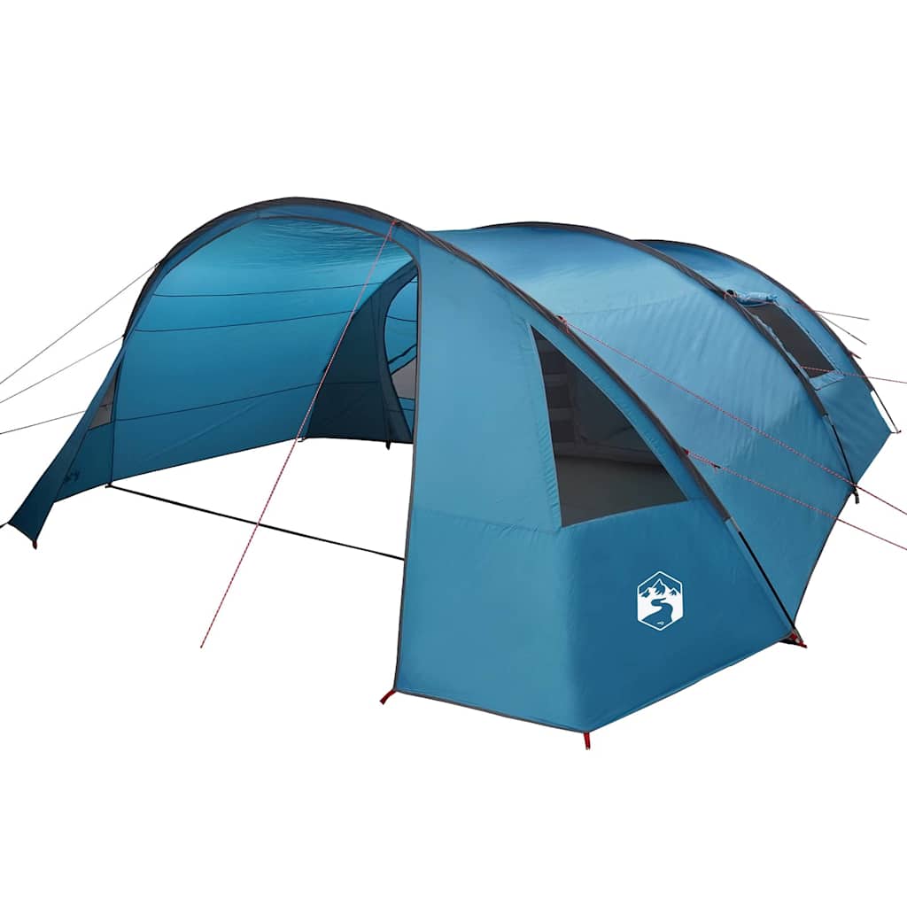 Zijaanzicht van de vidaXL Tunnel Tent in blauw met grijze details en ventilatieopeningen.