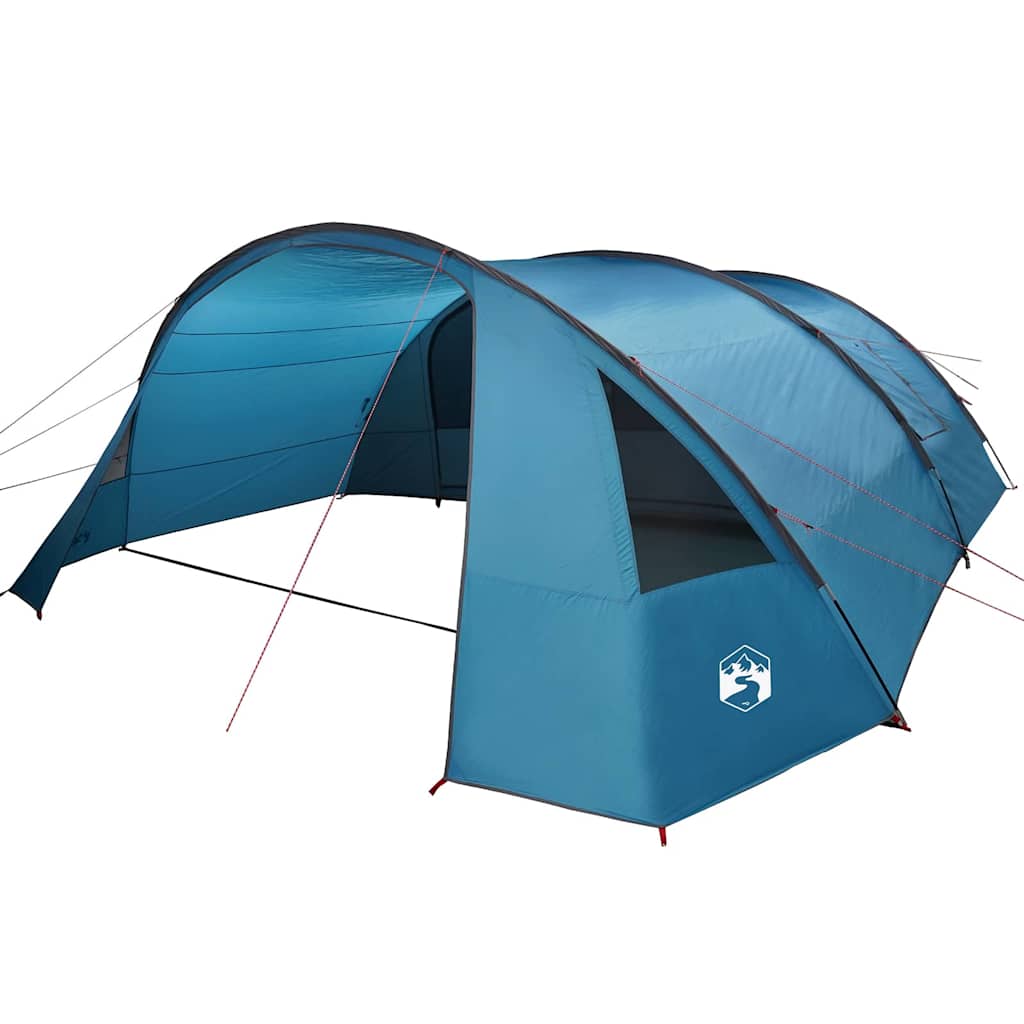 Detail van de blauwe vidaXL Tunnel Tent met een zijaanzicht en ventilatieroosters.