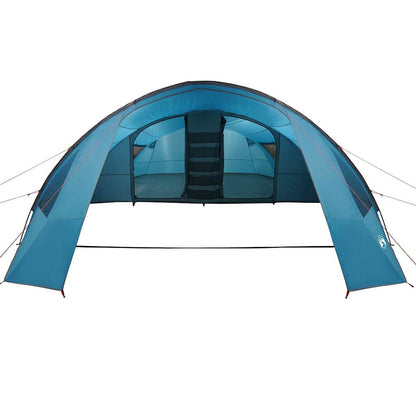 Zijaanzicht van de vidaXL Tunnel Tent in blauw met grijze details en ingangen.