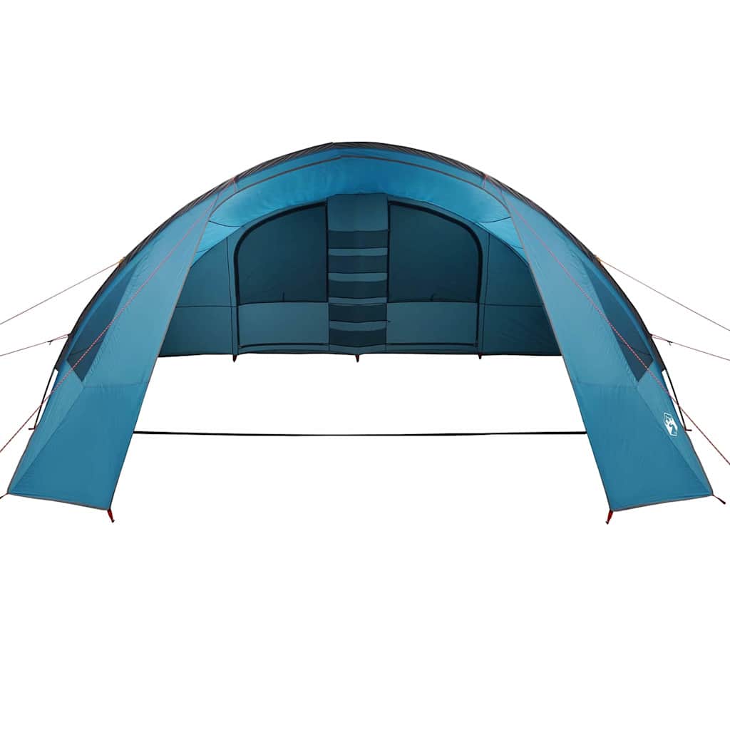 Detail van de vidaXL Tunnel Tent in blauw met grijze accenten, zijaanzicht van de ingang.