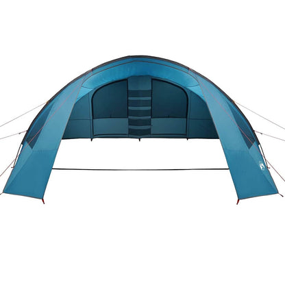 Detail van de vidaXL Tunnel Tent in blauw met grijze accenten, zijaanzicht van de ingang.