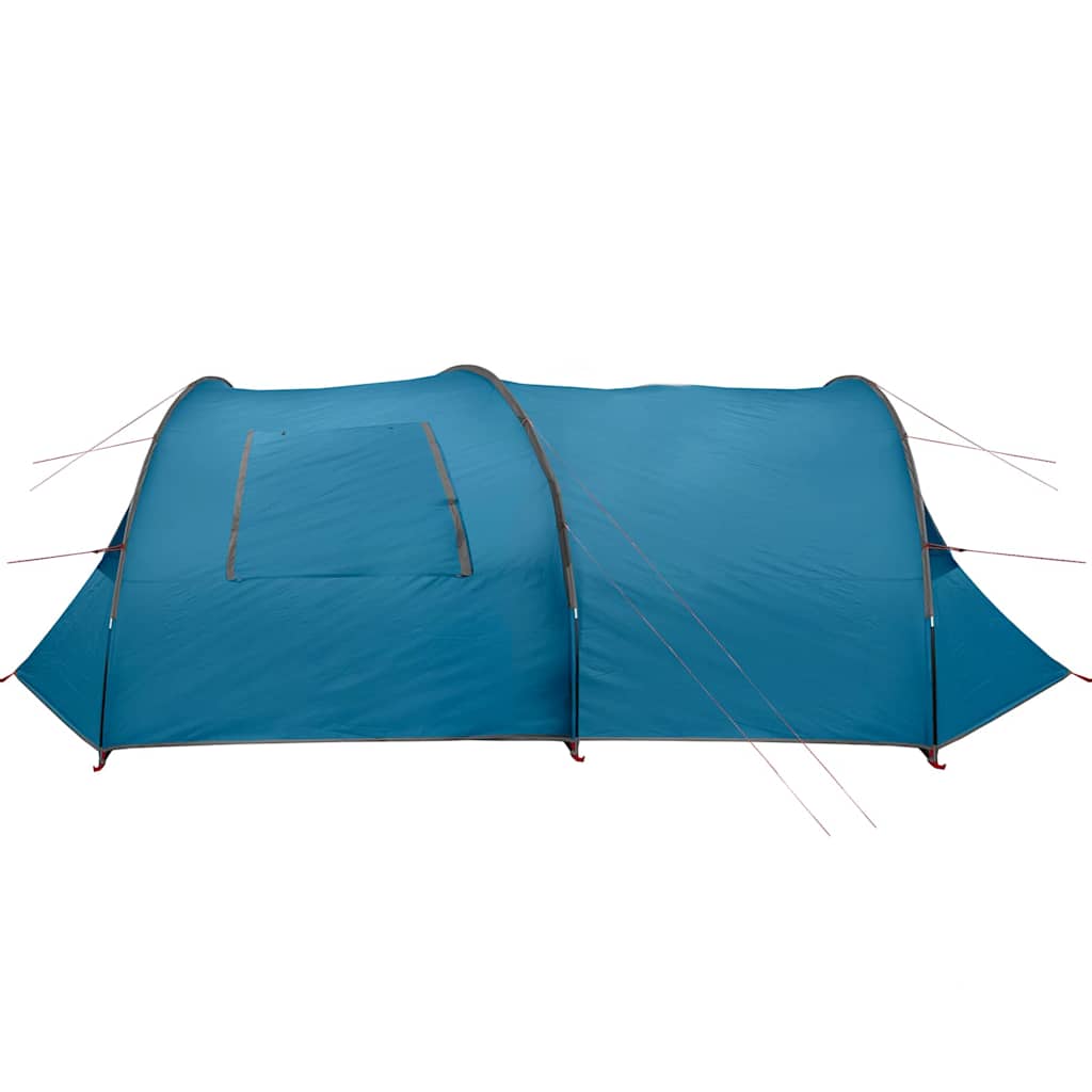 Zijaanzicht van de vidaXL Tunnel Tent in blauw met grijze details en een raam.