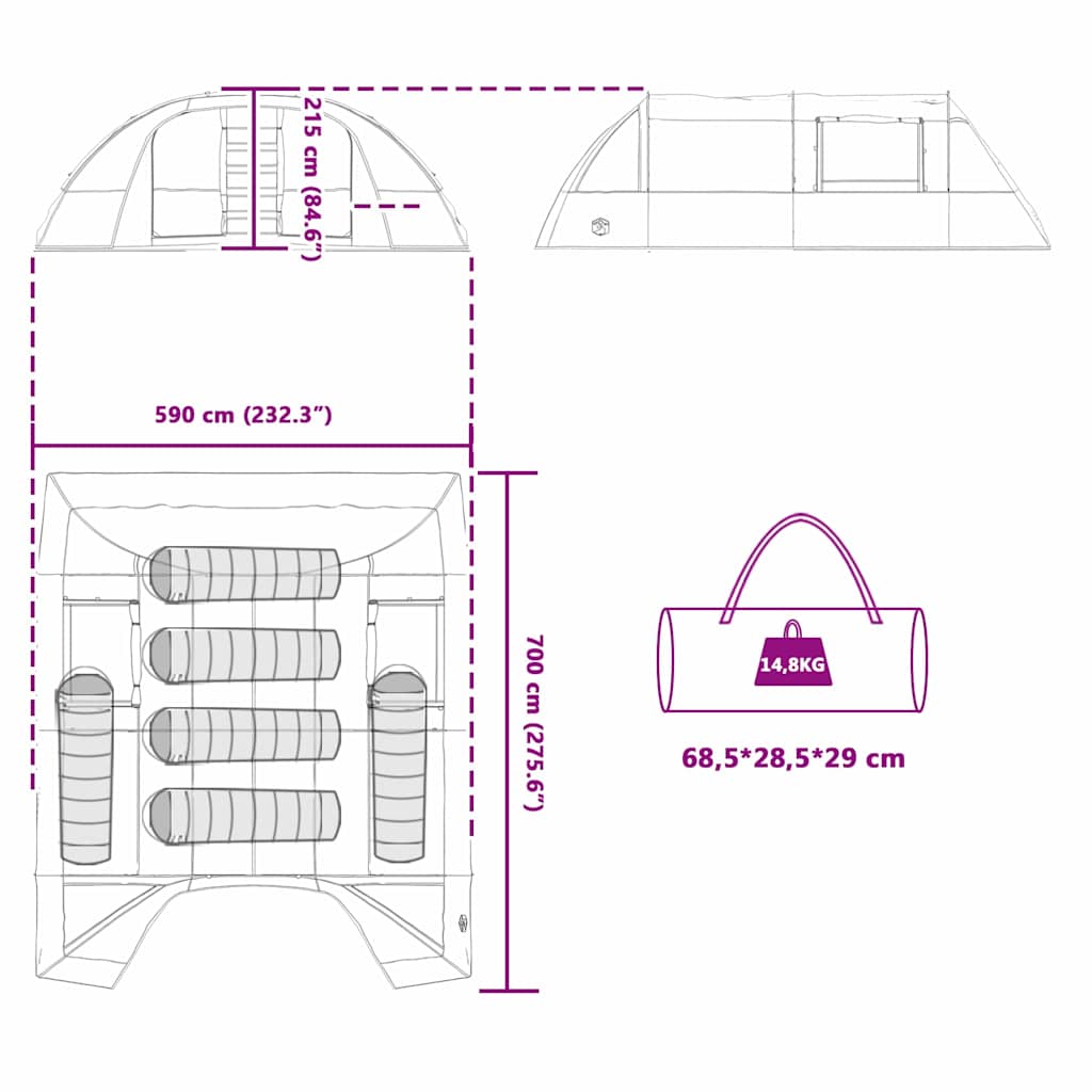 Detailtekening van de vidaXL Tunnel Tent met afmetingen en opbergmogelijkheden.