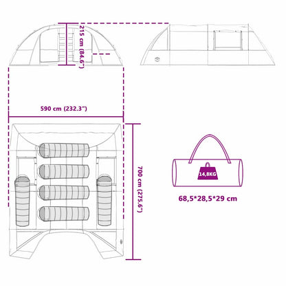 Detailtekening van de vidaXL Tunnel Tent met afmetingen en opbergmogelijkheden.