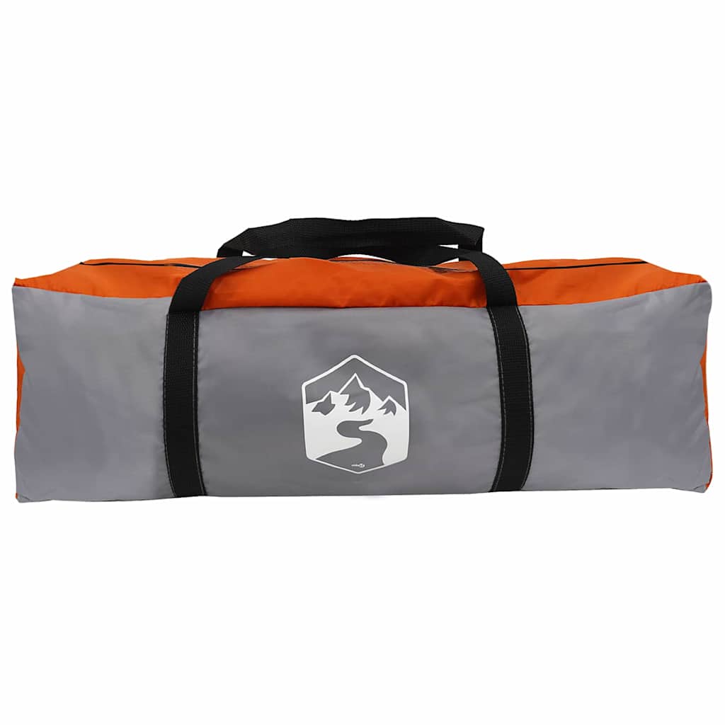 Grijze en oranje opbergtas van de vidaXL Tunnel Tent met handvat en logo.