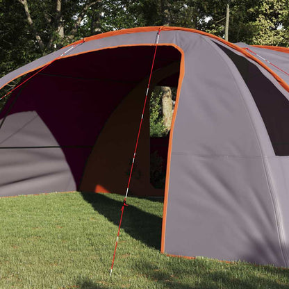Detail van de grijze en oranje vidaXL tunnel tent met een zijaanzicht en ingangsopening.