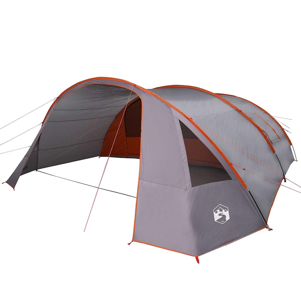 Zijaanzicht van de vidaXL Tunnel Tent in grijs en oranje met ventilatieroosters.