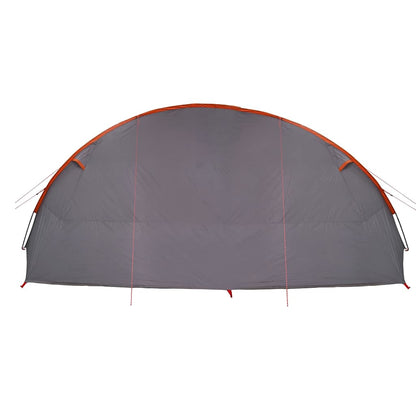 Zijaanzicht van de vidaXL Tunnel Tent in grijs met oranje details.