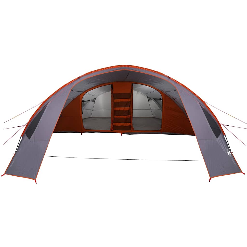 Zijaanzicht van de vidaXL Tunnel Tent in grijs en oranje met open ingangen.