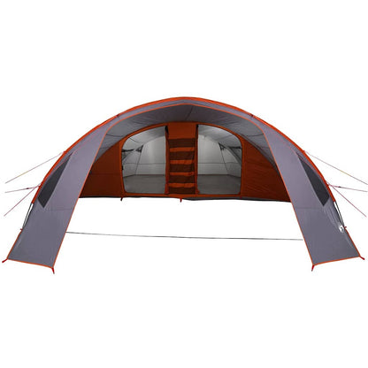 Zijaanzicht van de vidaXL Tunnel Tent in grijs en oranje met open ingangen.