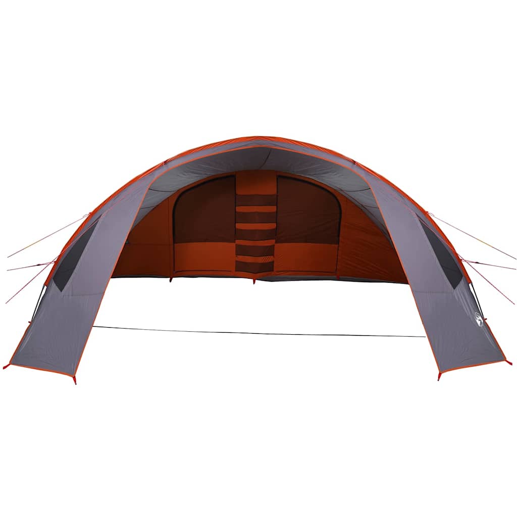 Zijaanzicht van de vidaXL Tunnel Tent in grijs en oranje met open ingangen.