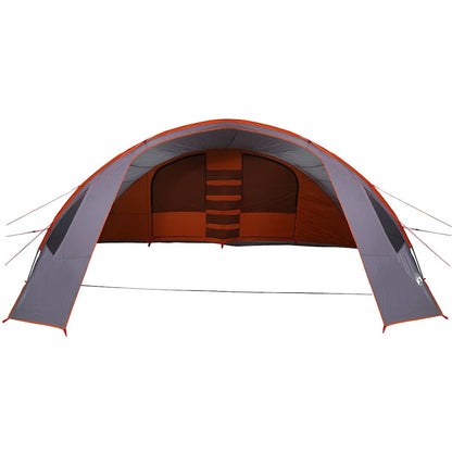 Zijaanzicht van de vidaXL Tunnel Tent in grijs en oranje met open ingangen.