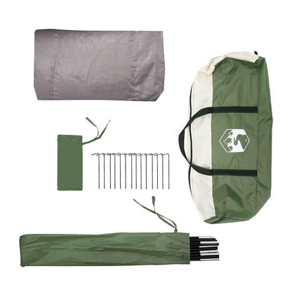 Detailweergave van de tentaccessoires, inclusief haringen en tentstokken in groen en wit.