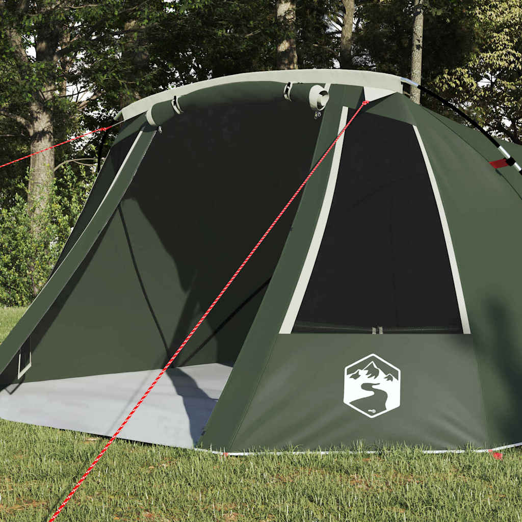 Detail van de vidaXL Tunnel Tent in groen met open ingang en ventilatierooster.