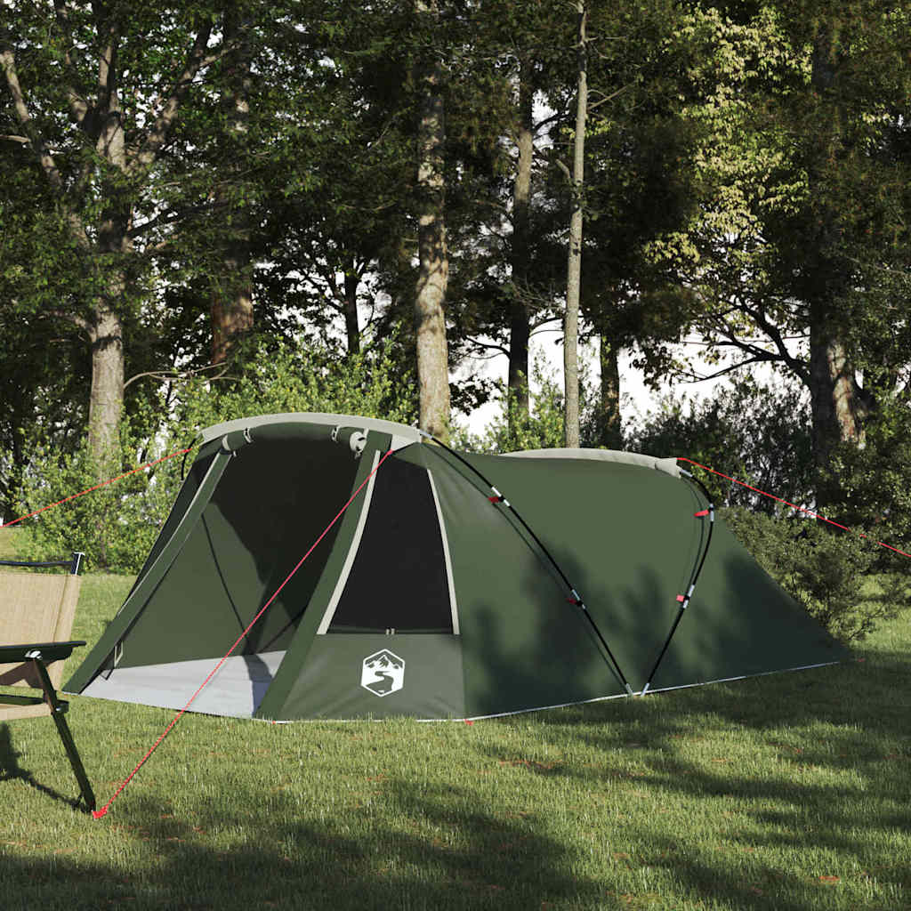 vidaXL Tunnel Tent 3-Person in groen met witte accenten, opgesteld in een bosrijke omgeving.
