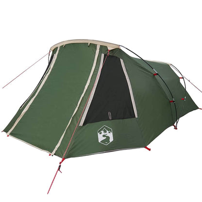 Detail van de vidaXL Tunnel Tent in groen en wit, zijaanzicht met open deur.