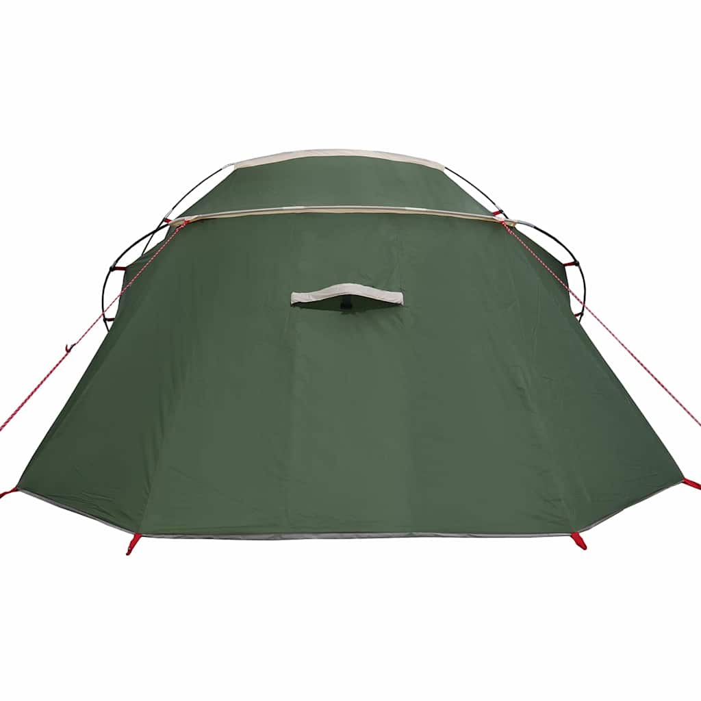 Detail van de groene vidaXL Tunnel Tent met een stevig front en bevestigingsbanden.