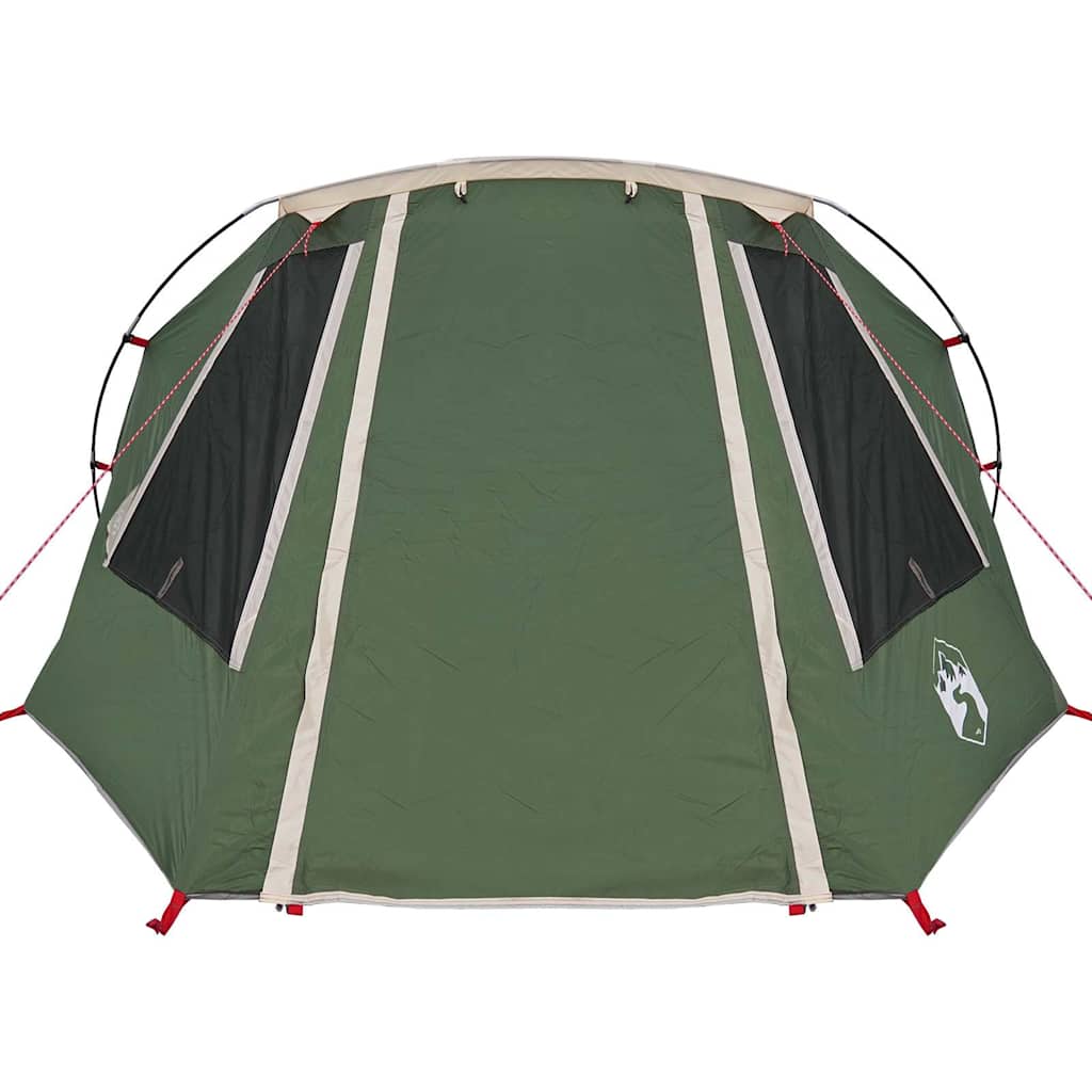 Detail van de groene vidaXL Tunnel Tent met zijramen en stevige stiksels.
