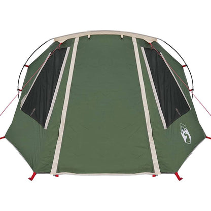 Detail van de groene vidaXL Tunnel Tent met zijramen en stevige stiksels.