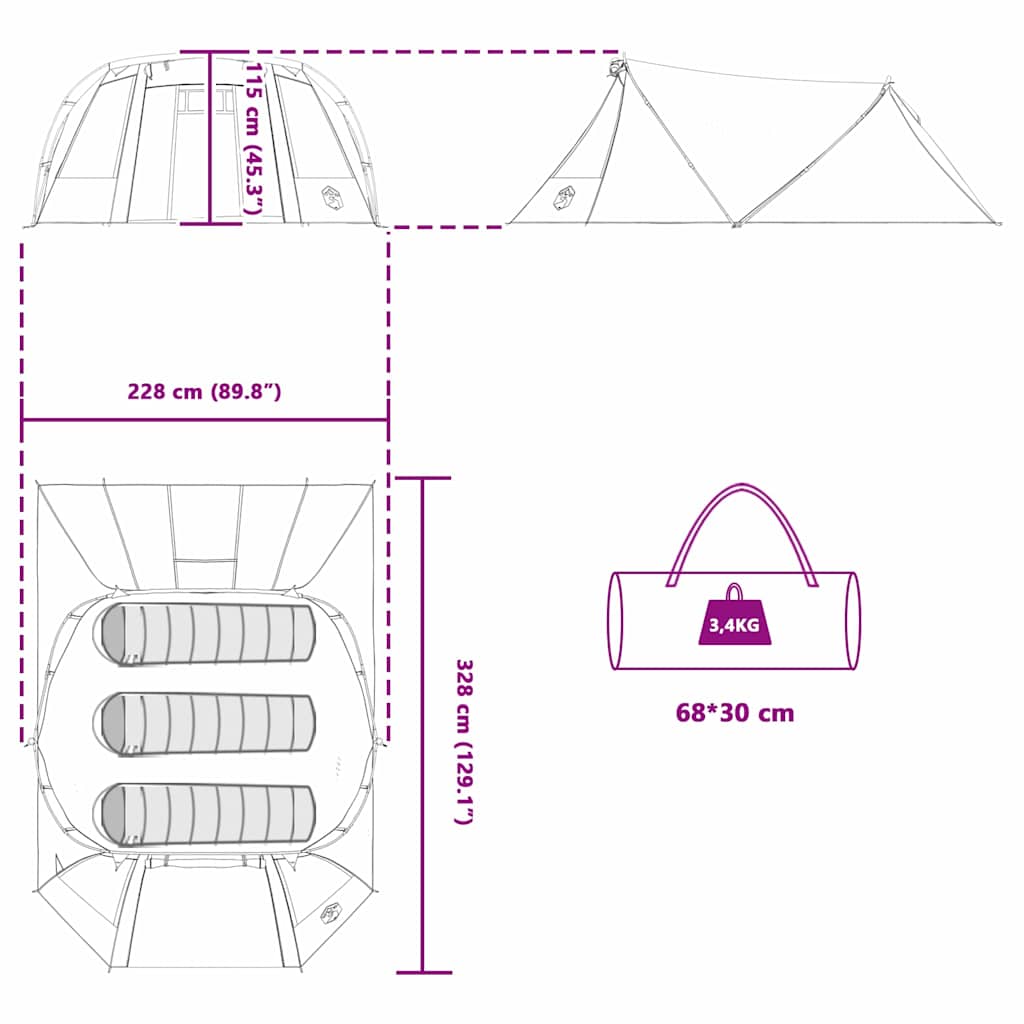 Detail van de afmetingen en indeling van de vidaXL Tunnel Tent voor 3 personen.