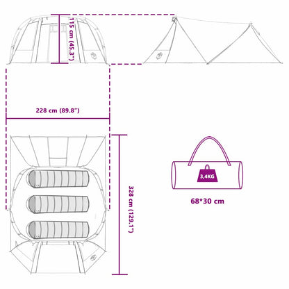 Detail van de afmetingen en indeling van de vidaXL Tunnel Tent voor 3 personen.