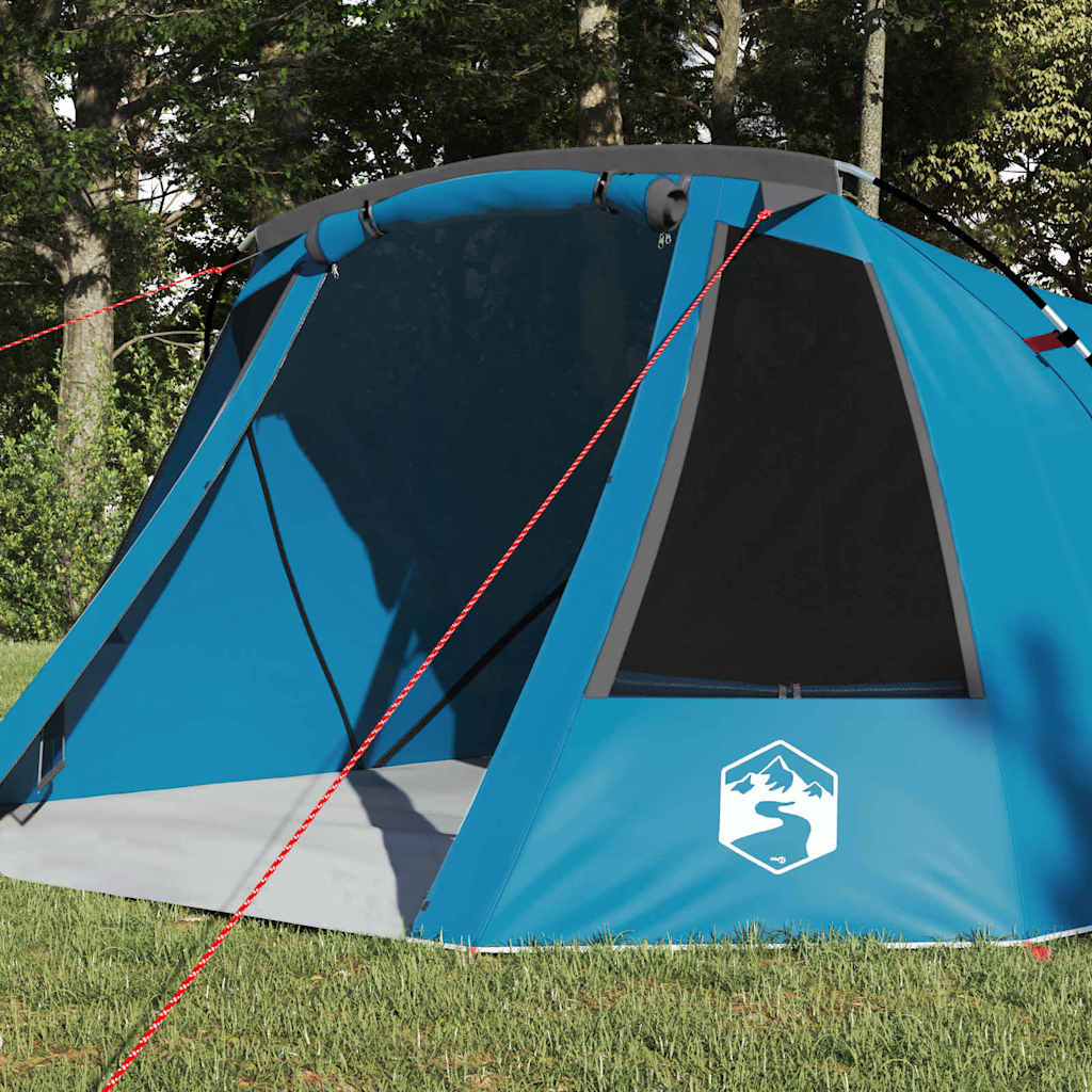 Detail van de blauwe vidaXL Tunnel Tent met zijaanzicht en ventilatieroosters.