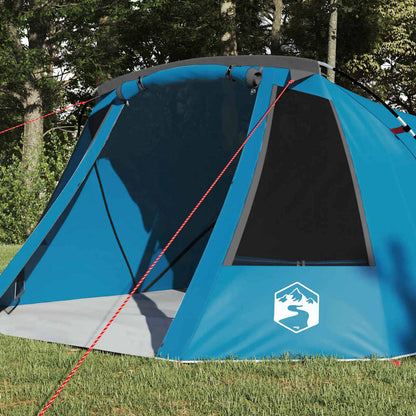 Detail van de blauwe vidaXL Tunnel Tent met zijaanzicht en ventilatieroosters.