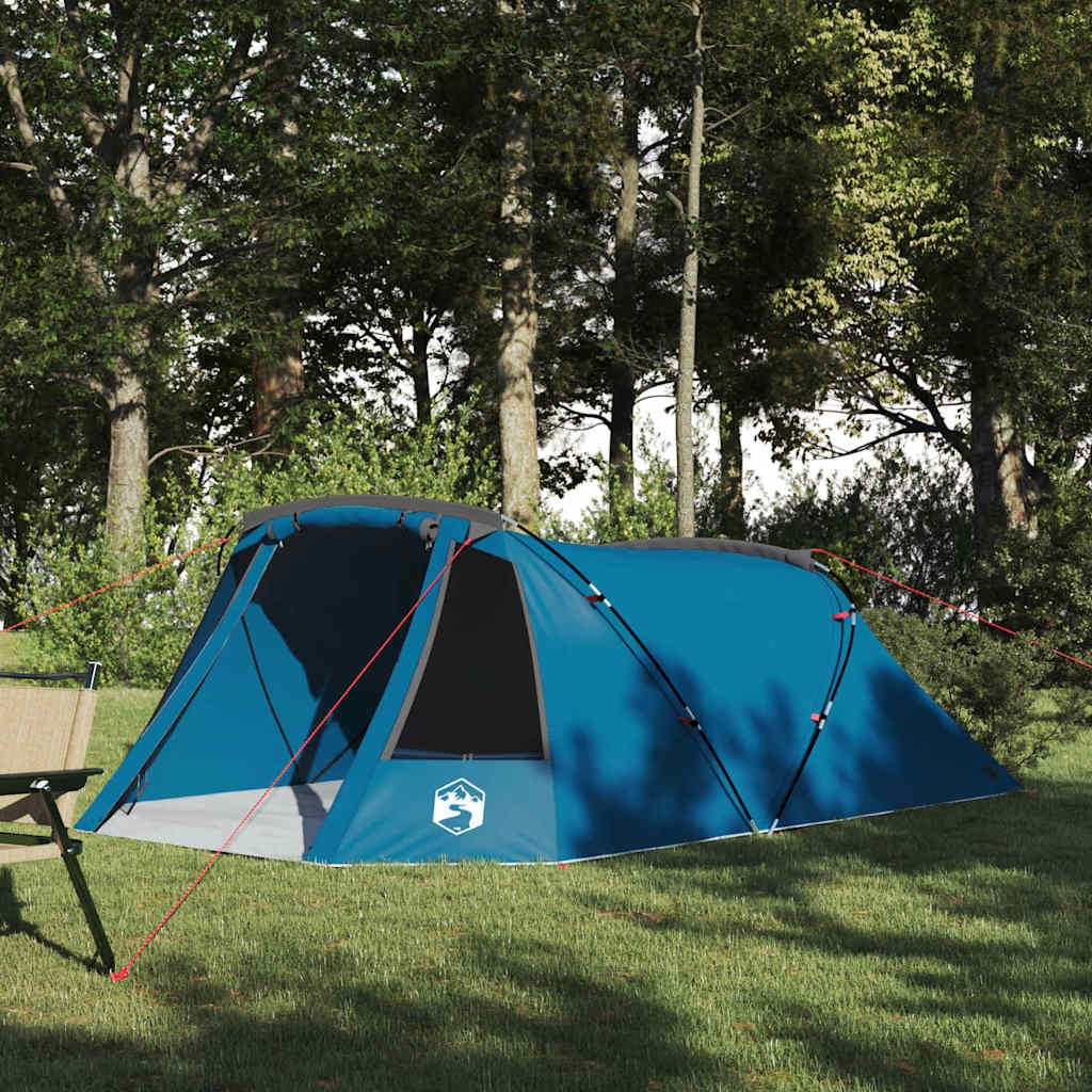 Blauwe vidaXL Tunnel Tent voor drie personen, opzet in de natuur met bomen op de achtergrond.