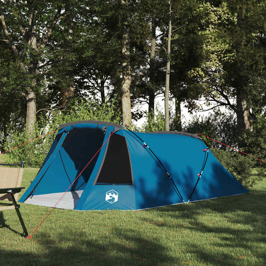 Blauwe vidaXL Tunnel Tent voor drie personen, opzet in de natuur met bomen op de achtergrond.