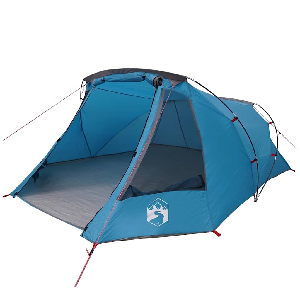 Zijaanzicht van de vidaXL Tunnel Tent in blauw en grijs, met open ingang en ruimte binnenin.