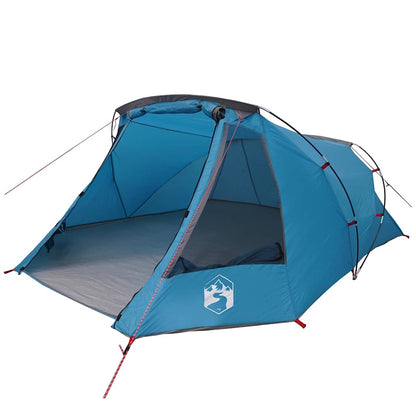 Zijaanzicht van de vidaXL Tunnel Tent in blauw en grijs, met open ingang en ruimte binnenin.