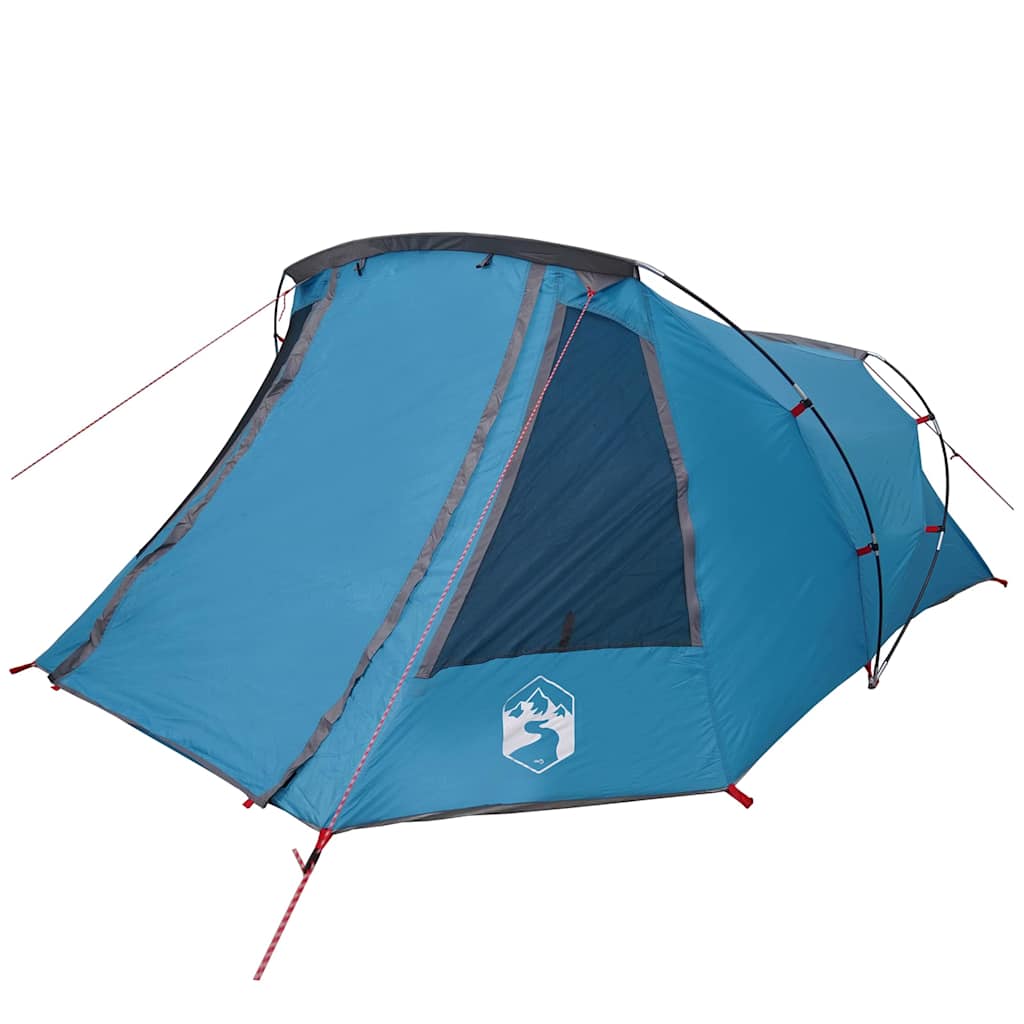 Detail van de vidaXL Tunnel Tent in blauw met grijze accenten, zijaanzicht.