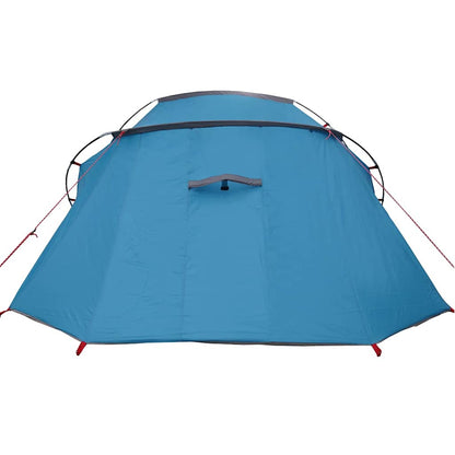 Detail van de blauwe vidaXL Tunnel Tent met een strak ontwerp en ventilatieopening.