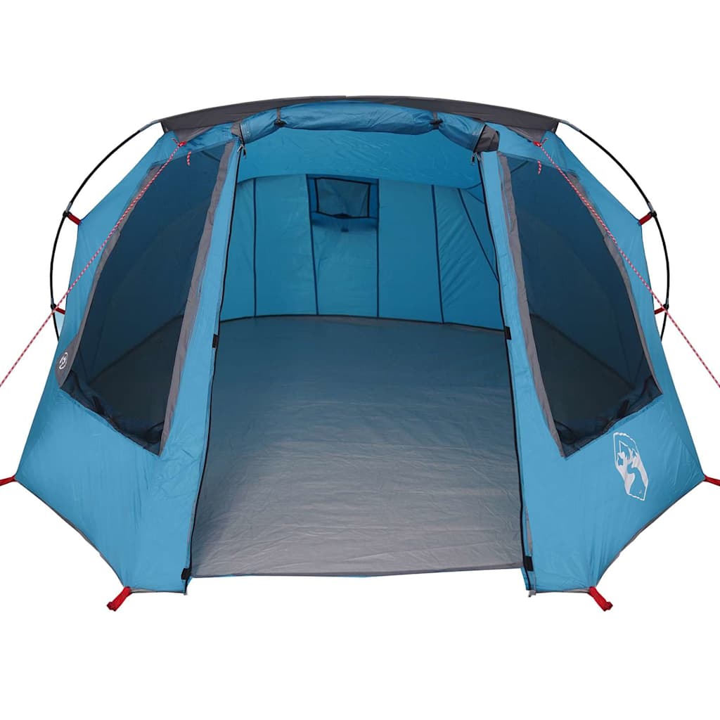 Zijaanzicht van de vidaXL Tunnel Tent in blauw met grijze binnenkant en open ingangen.