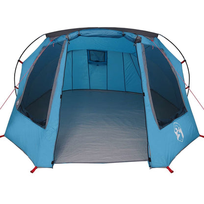 Zijaanzicht van de vidaXL Tunnel Tent in blauw met grijze binnenkant en open ingangen.