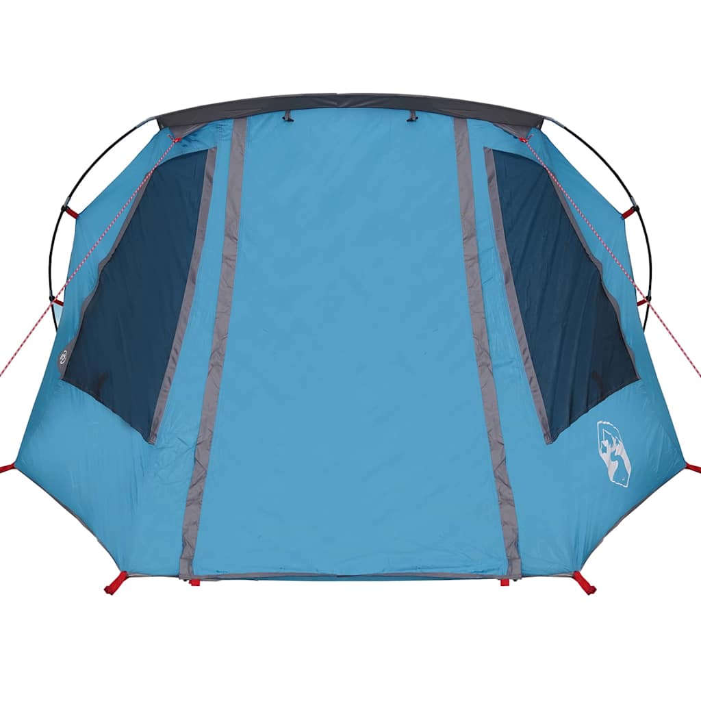 Detail van de blauwe vidaXL Tunnel Tent met grote ventilatieramen en stevige ritsen.