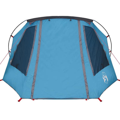 Detail van de blauwe vidaXL Tunnel Tent met grote ventilatieramen en stevige ritsen.