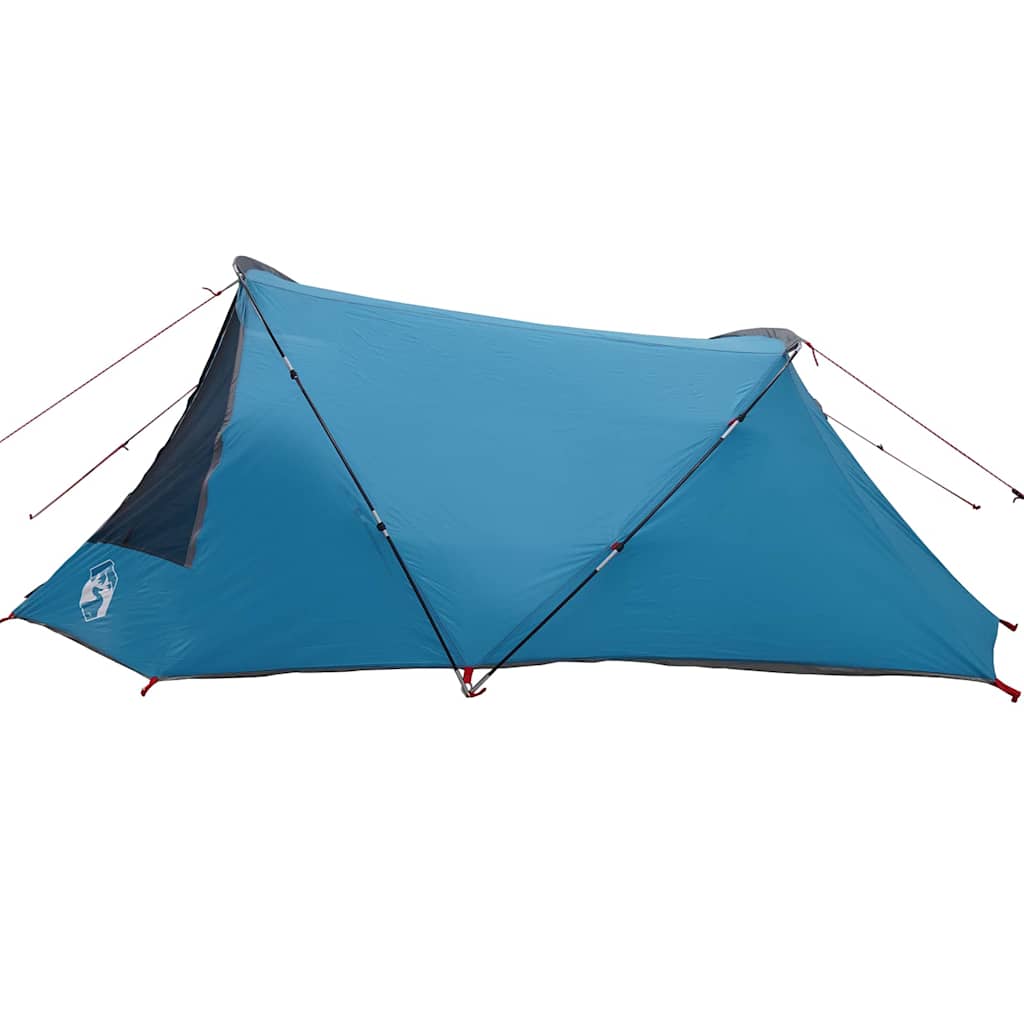 Zijaanzicht van de vidaXL Tunnel Tent in blauw met grijze details, met stevige stokken.