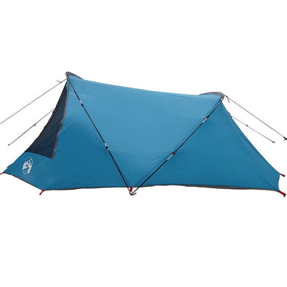 Zijaanzicht van de vidaXL Tunnel Tent in blauw met grijze details, met stevige stokken.